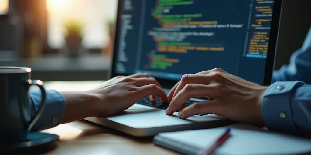 Programmer typing code on a laptop in an office.