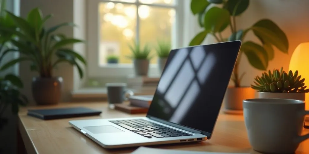 Cozy home office with laptop, coffee, and plants.