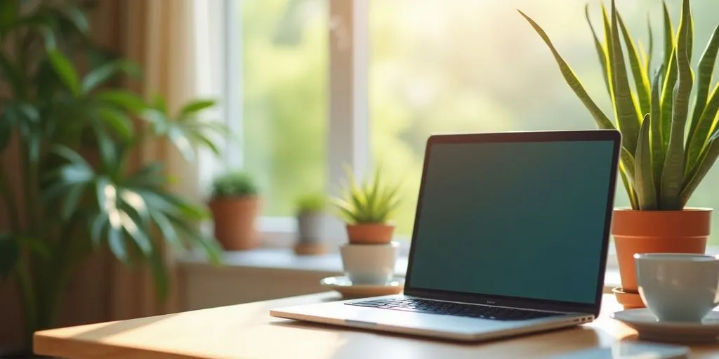 A cozy hybrid workspace with laptop and plants.