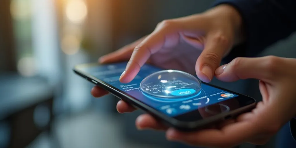 Hands using a digital device for ACH payment processing.