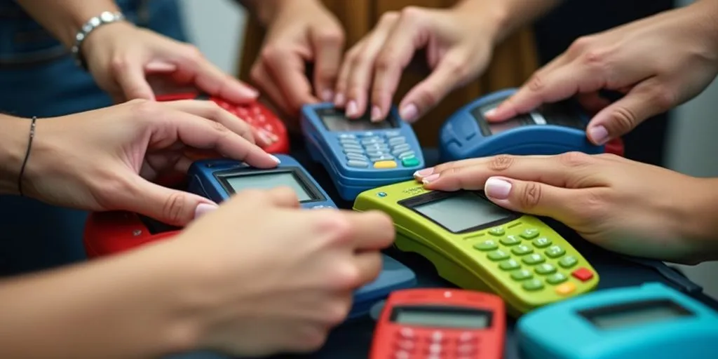 Hands selecting payment processing devices.