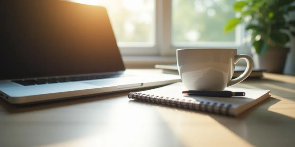 Office setup with laptop and coffee in natural light.