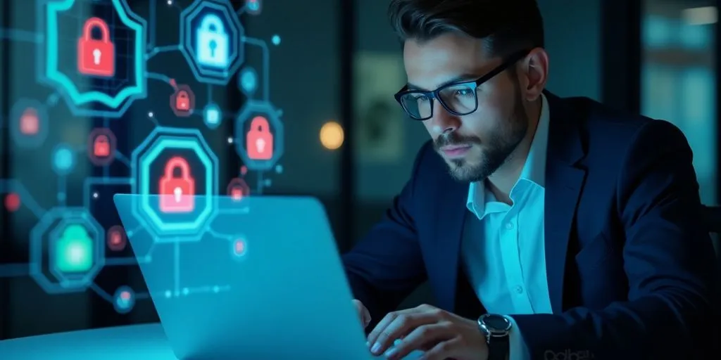 Business professional analyzing cybersecurity data on a laptop.