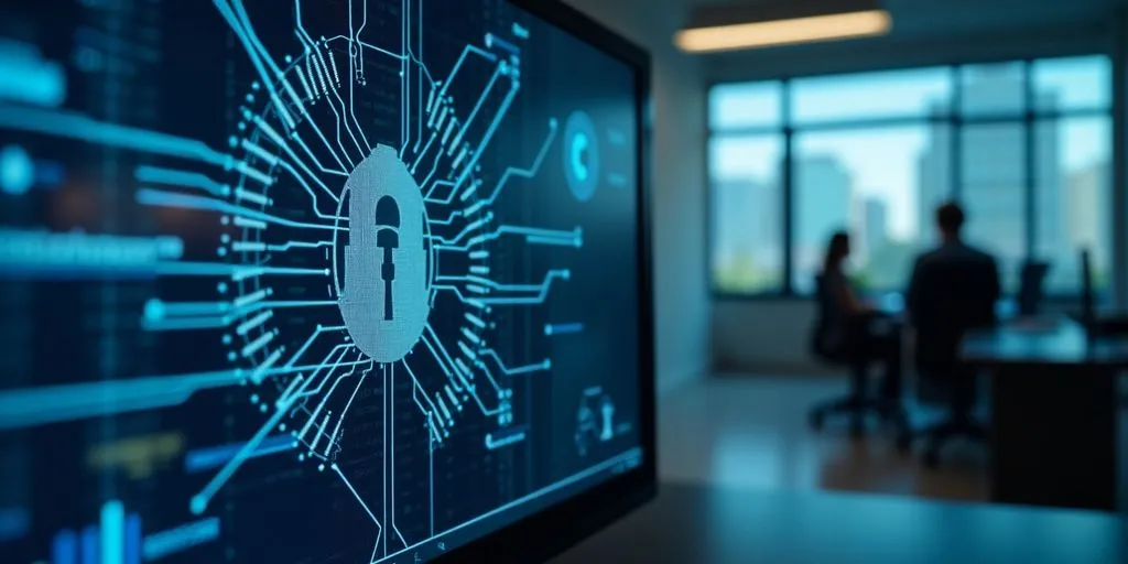 Computer screen with digital security patterns in office.