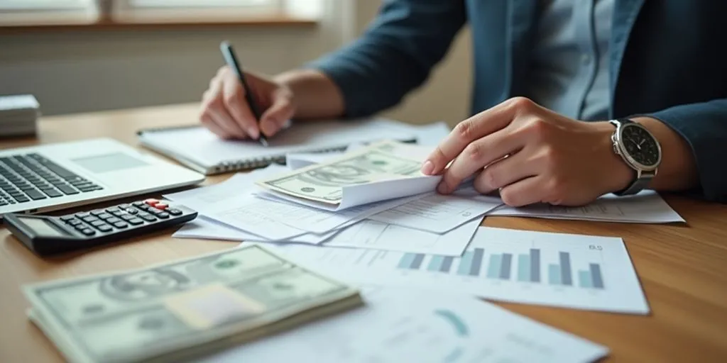 Person organizing financial documents on a wooden desk.