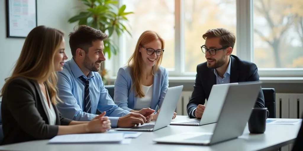 Team meeting in an office discussing SEO strategies.