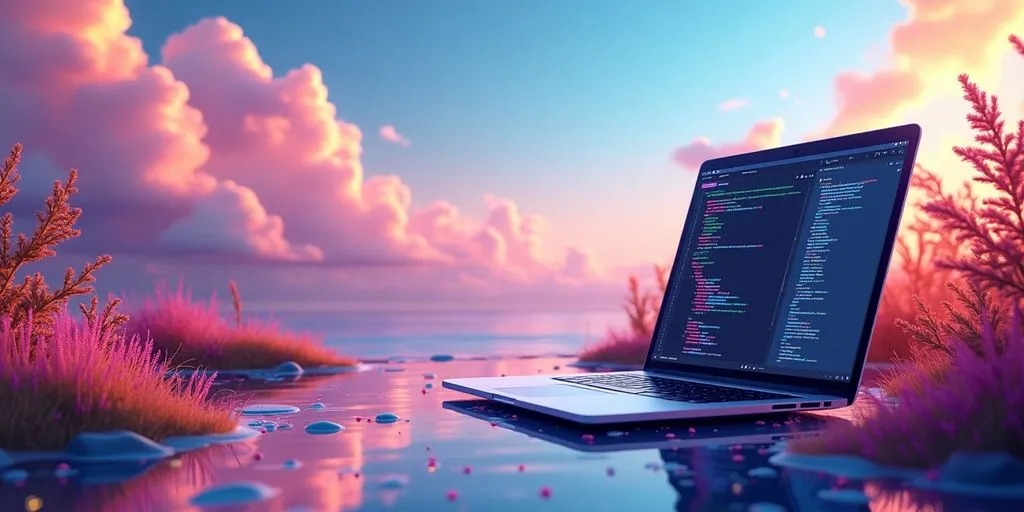 Laptop with code in a bright workspace.