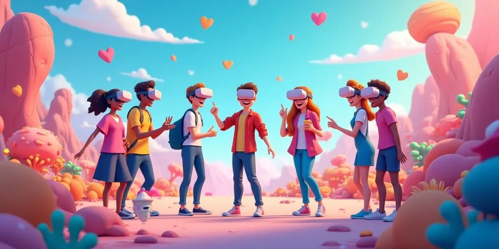 Diverse avatars interacting in a colorful VR social space.