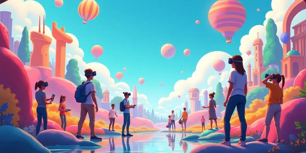 Diverse avatars exploring a vibrant virtual landscape.