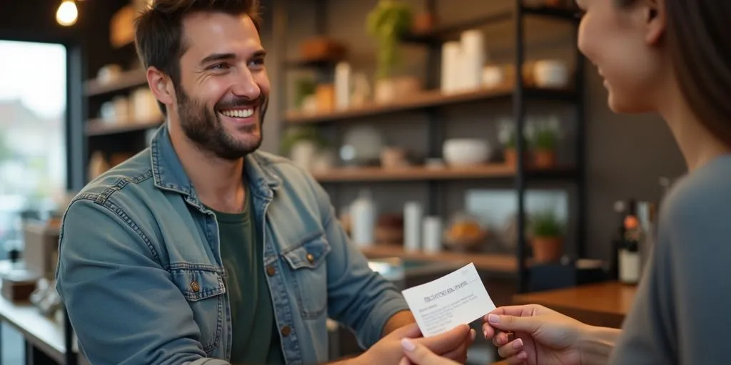 Small business owner receiving payment with a smile.