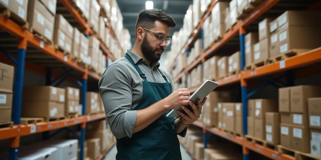 Small business owner managing inventory in a storage area.