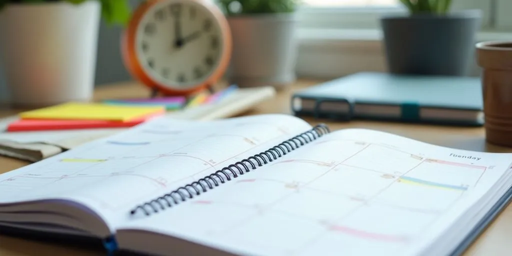Close-up of a planner with sticky notes and a clock.