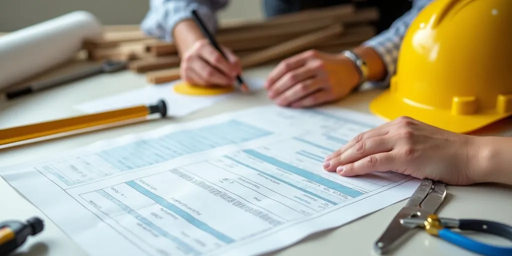Photograph of construction tools and builder's hands at work.
