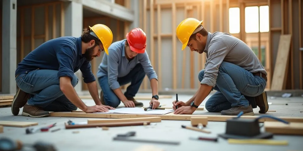 Construction workers collaborating on a project at a site.