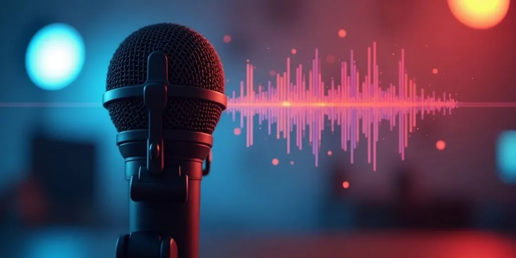 Microphone symbolizing speech-to-text technology in vibrant setting.