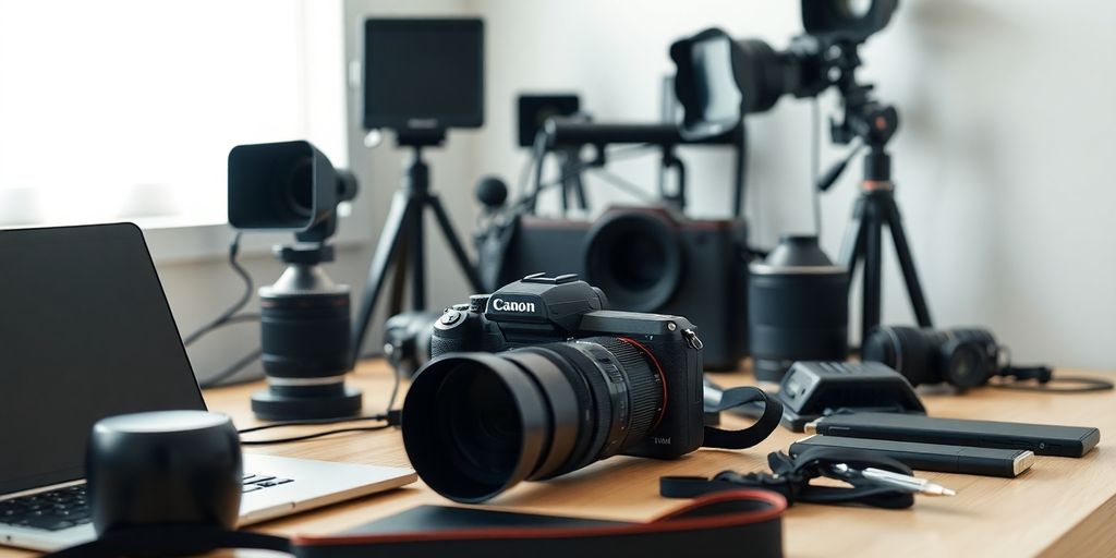 Organized photography workspace with camera and laptop.