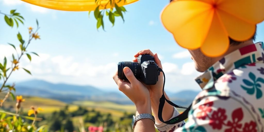 Photographer capturing landscape with camera in natural light.