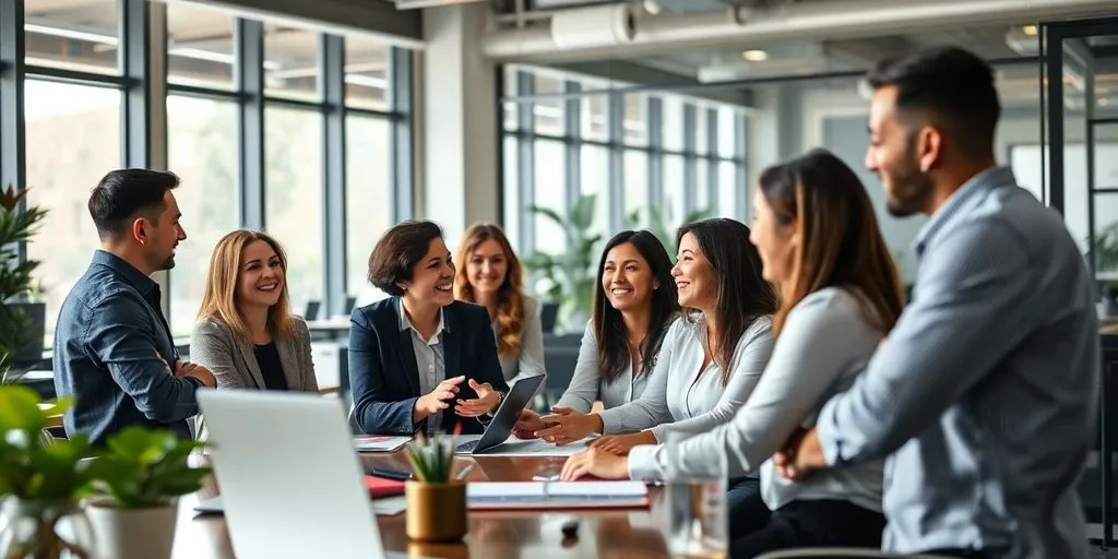 Diverse team collaborating in a modern office setting.