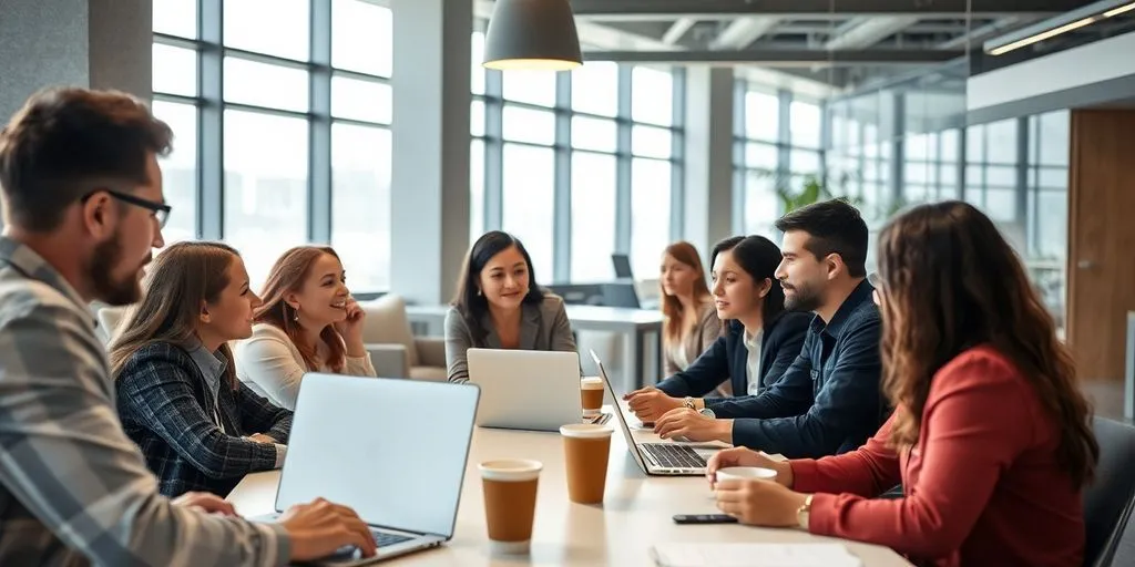 Team collaborating in a bright modern office space.