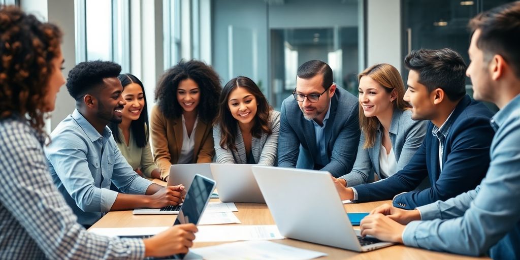 Group of professionals collaborating in a modern office setting.