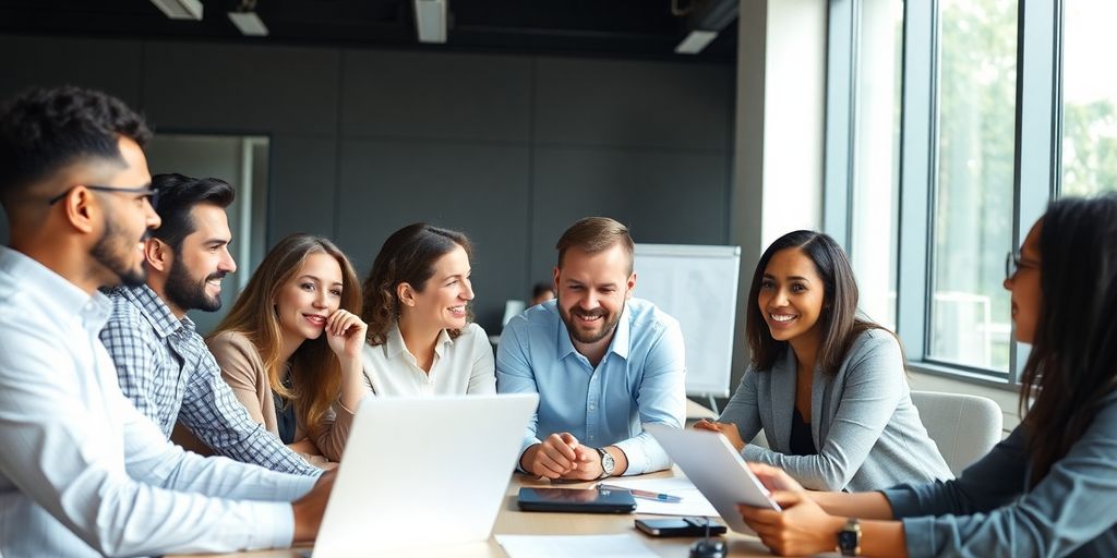 Diverse team collaborating in a modern office setting.