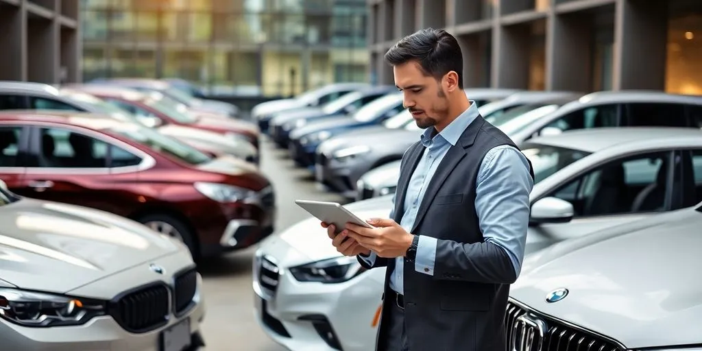 Business professional reviewing cars with a tablet.