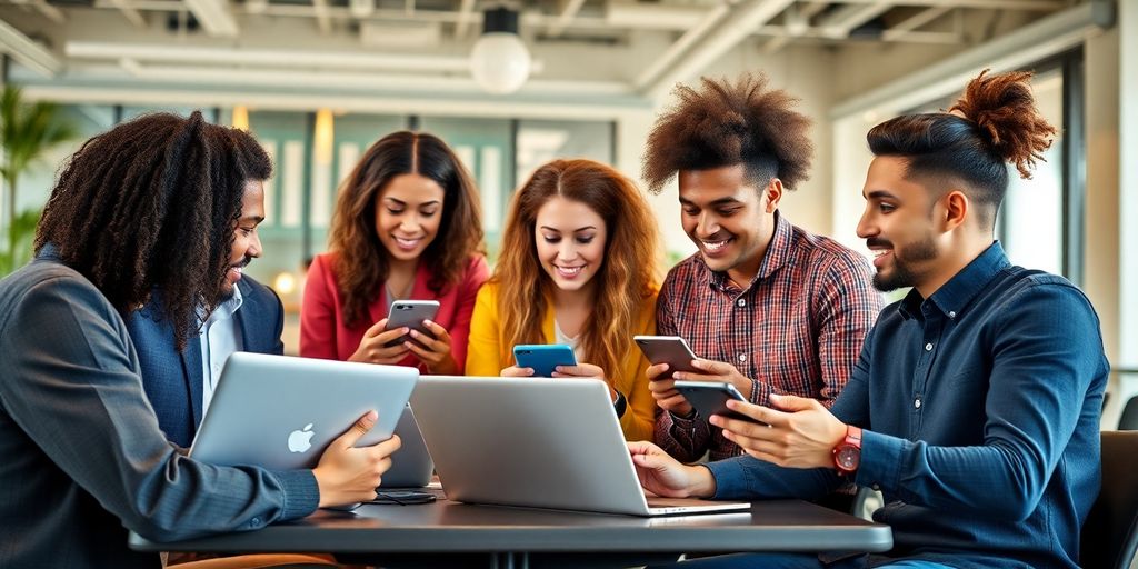 Diverse team collaborating with technology in a modern workspace.