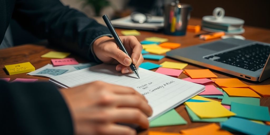 Person writing notes on a notepad with colorful sticky notes.