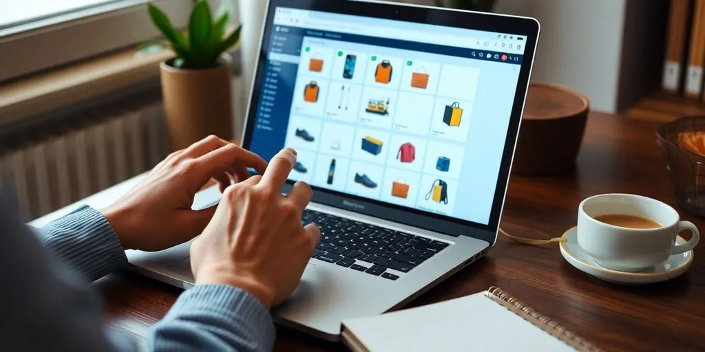 Person researching online business ideas at a laptop.