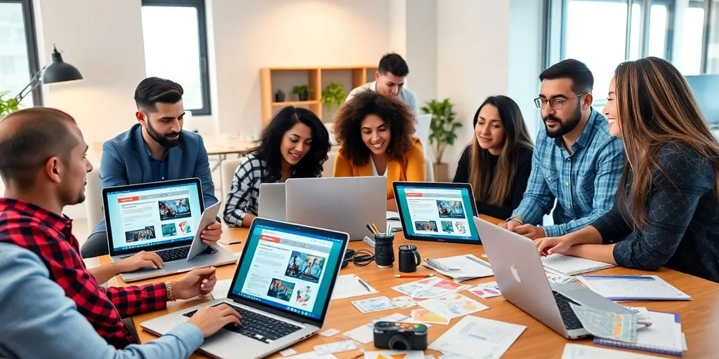 Team collaborating in a bright office on digital marketing.