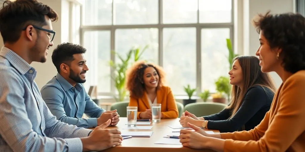 Diverse professionals collaborating in a bright office setting.