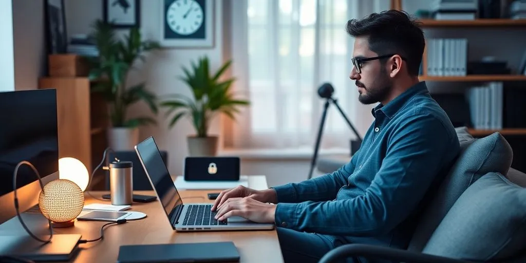 Entrepreneur using a laptop in a secure home office.