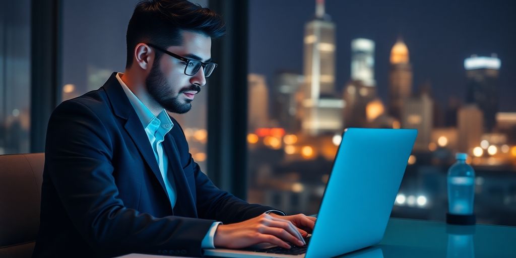Entrepreneur using laptop in a secure environment.