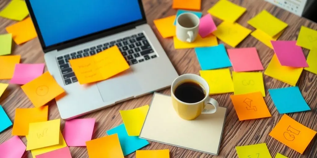 A workspace with laptop, coffee, and colorful notes.