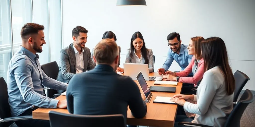 Professionals discussing strategies in a modern office setting.