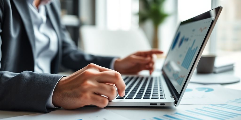 Business person analyzing competition data on a laptop.