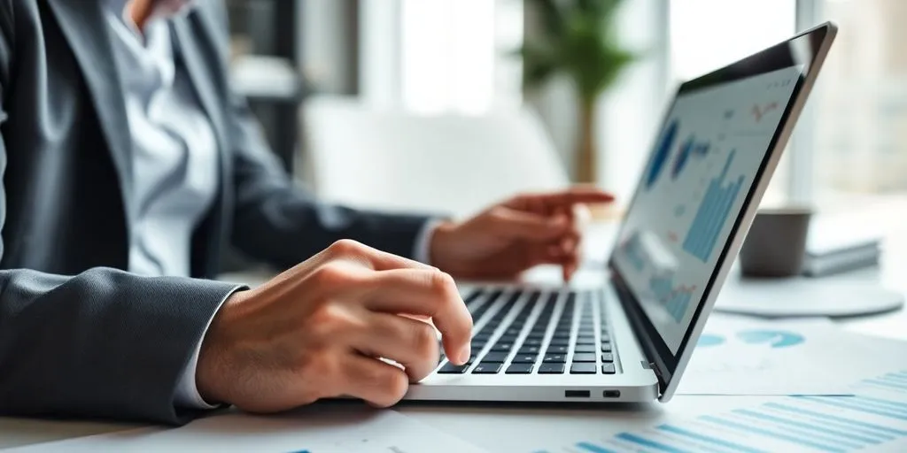 Business person analyzing competition data on a laptop.