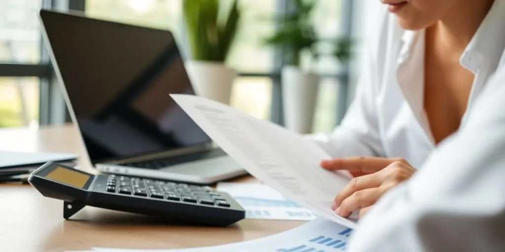 Business person managing finances with calculator and laptop.