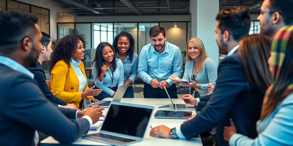 Diverse team collaborating in a meeting room.