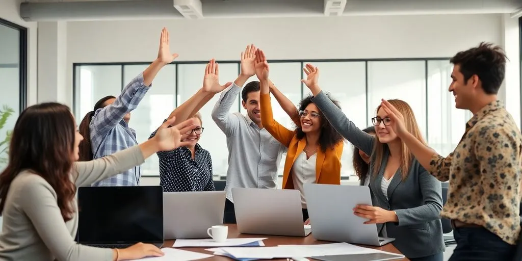 Team celebrating success in a bright office environment.