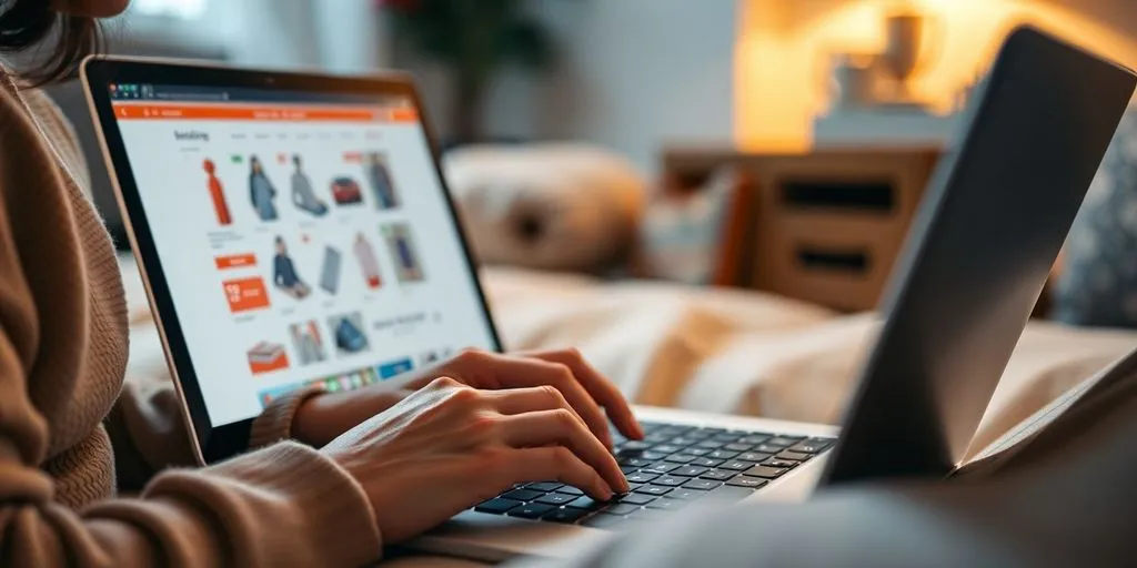 Person shopping online on a laptop in a cozy setting.