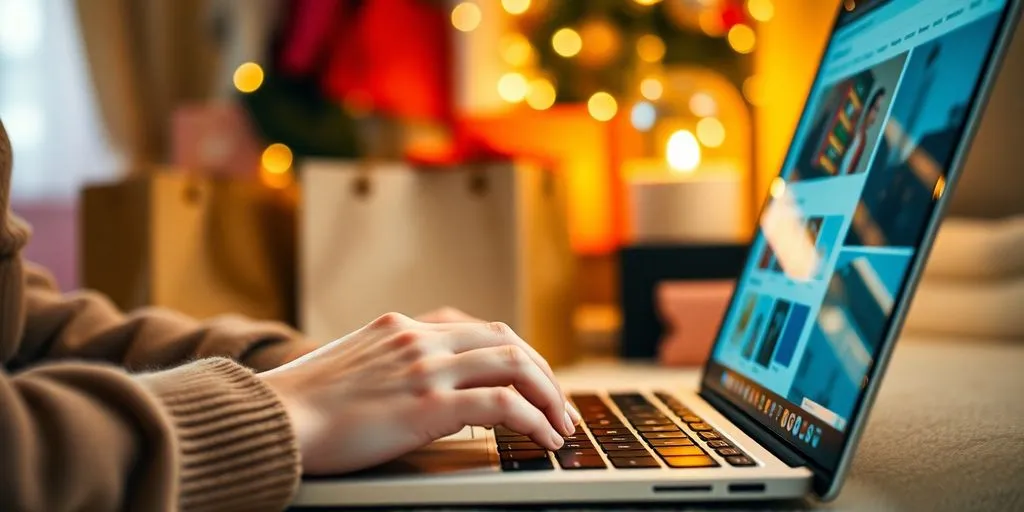 Person shopping online on a laptop in a cozy setting.
