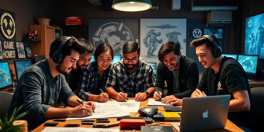 Diverse team of game designers collaborating in a creative workspace.