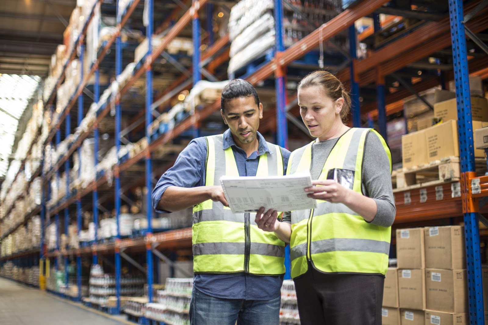 Two workers inside a warehouse