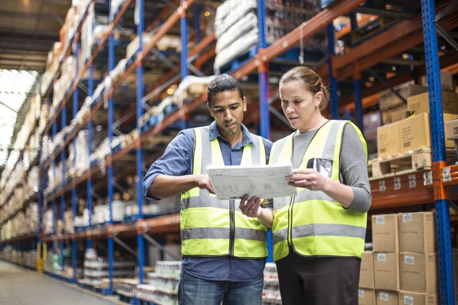 Two workers inside a warehouse