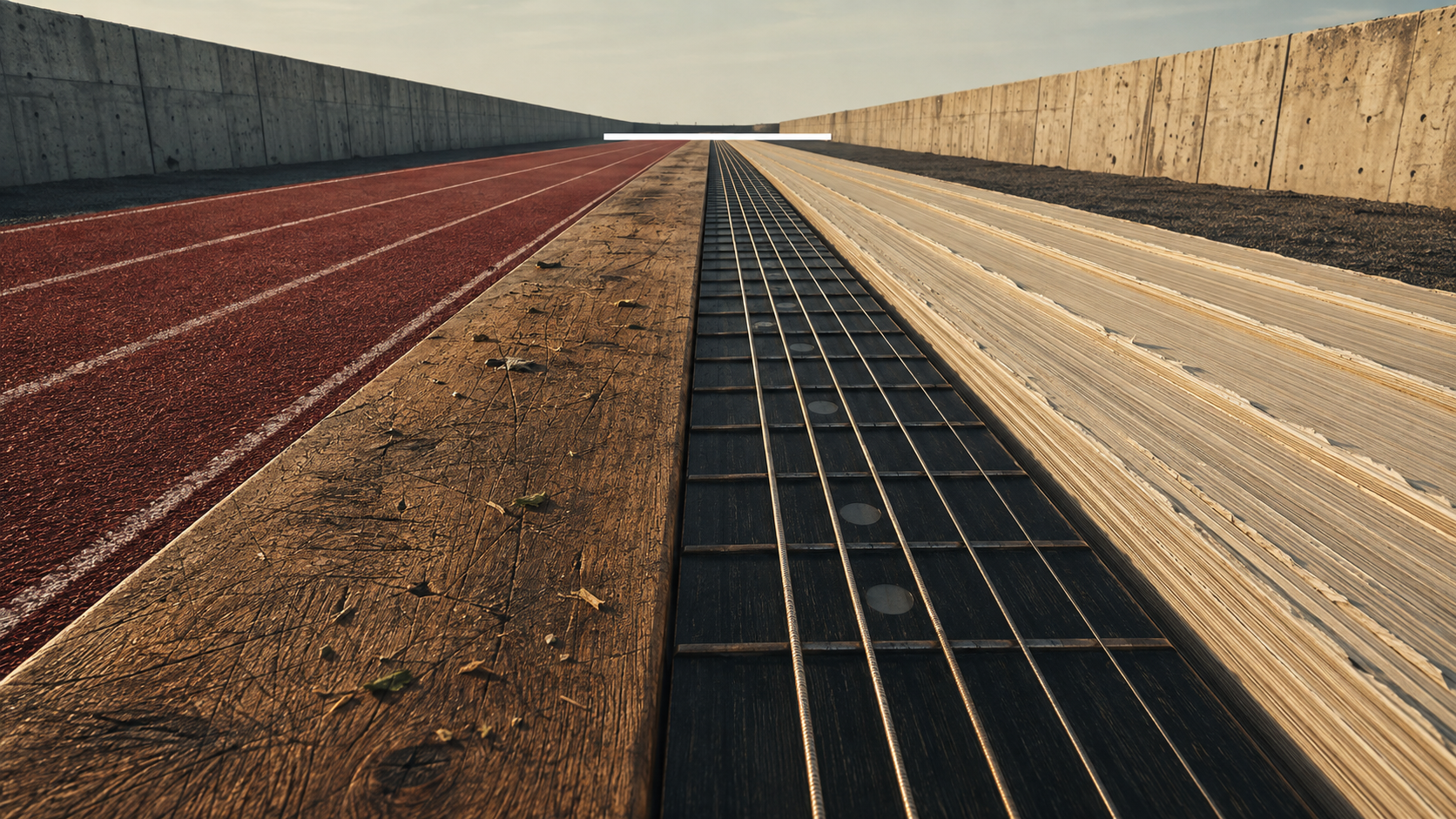 Four lanes made from a running track, chopping board, guitar fretboard and book pages converging on one finish line