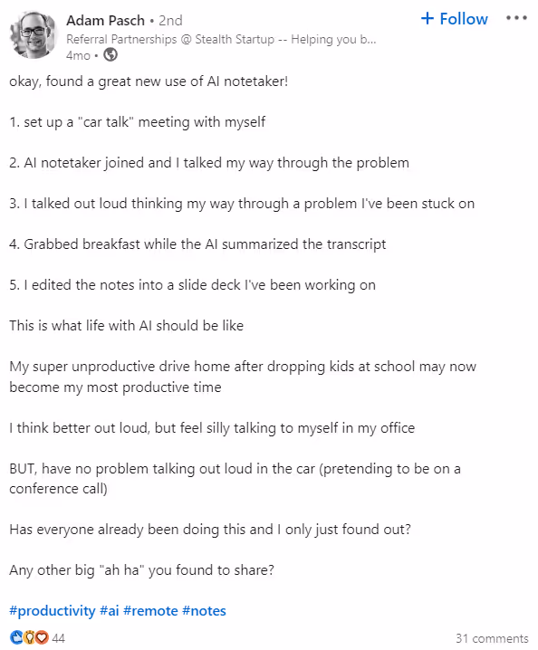 LinkedIn Post on How To Use AI Notetaker By Adam Pasch