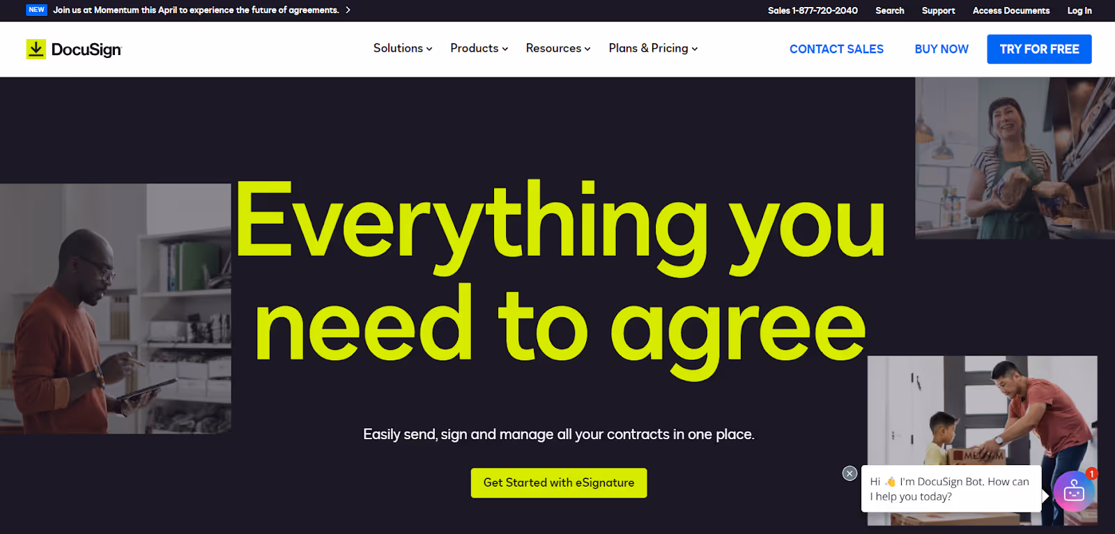 The image is a web page header for DocuSign, stating "Everything you need to agree," promoting their electronic signature service with options to get started or request a demo.