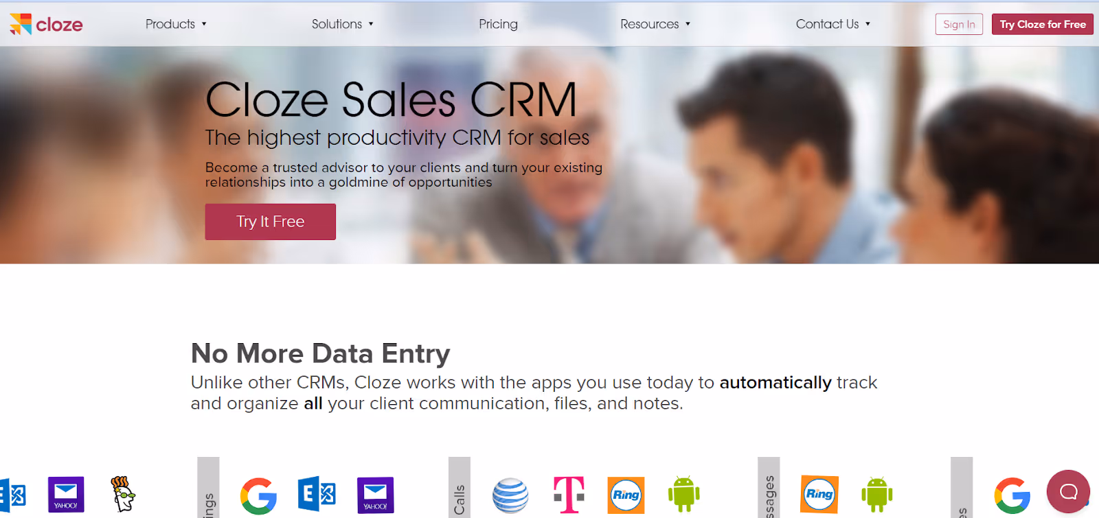  The image is a website header for Cloze CRM, highlighting it as a high-productivity CRM for sales .