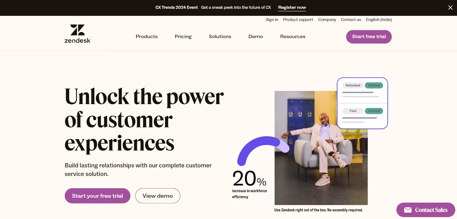 The image is a web page header from Zendesk advertising their customer service solutions with an option to start a free trial.